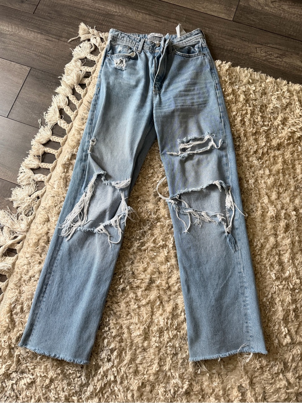 Zara Light Blue Distressed Flare Jeans